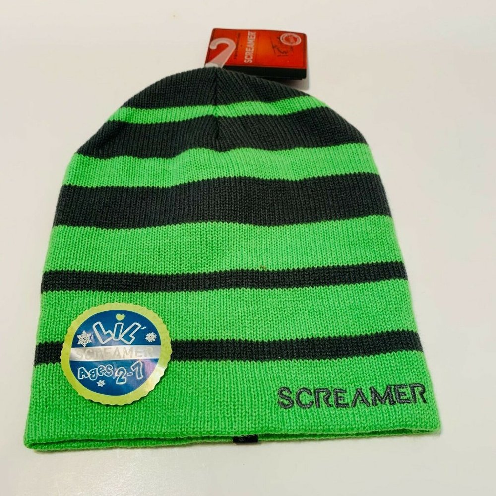 Screamer Boys Green Striped Acrylic Casual Reversible Beanie Hat One Size